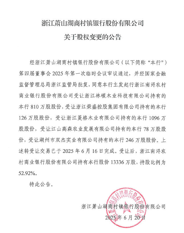 浙江萧山湖商村镇银行股份有限公司关于股权变更的公告