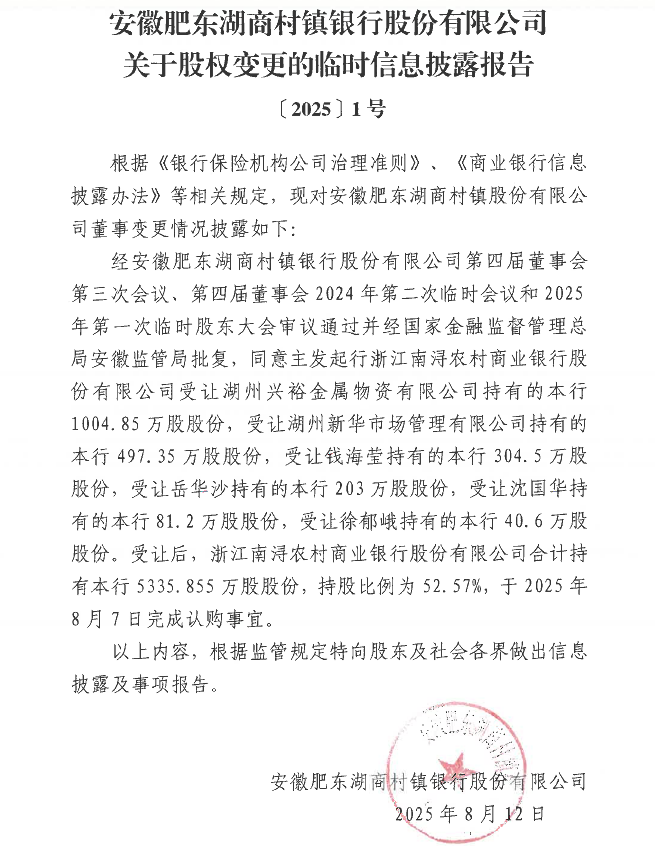 安徽肥东湖商村镇银行股份有限公司关于股权变更的临时信息披露报告